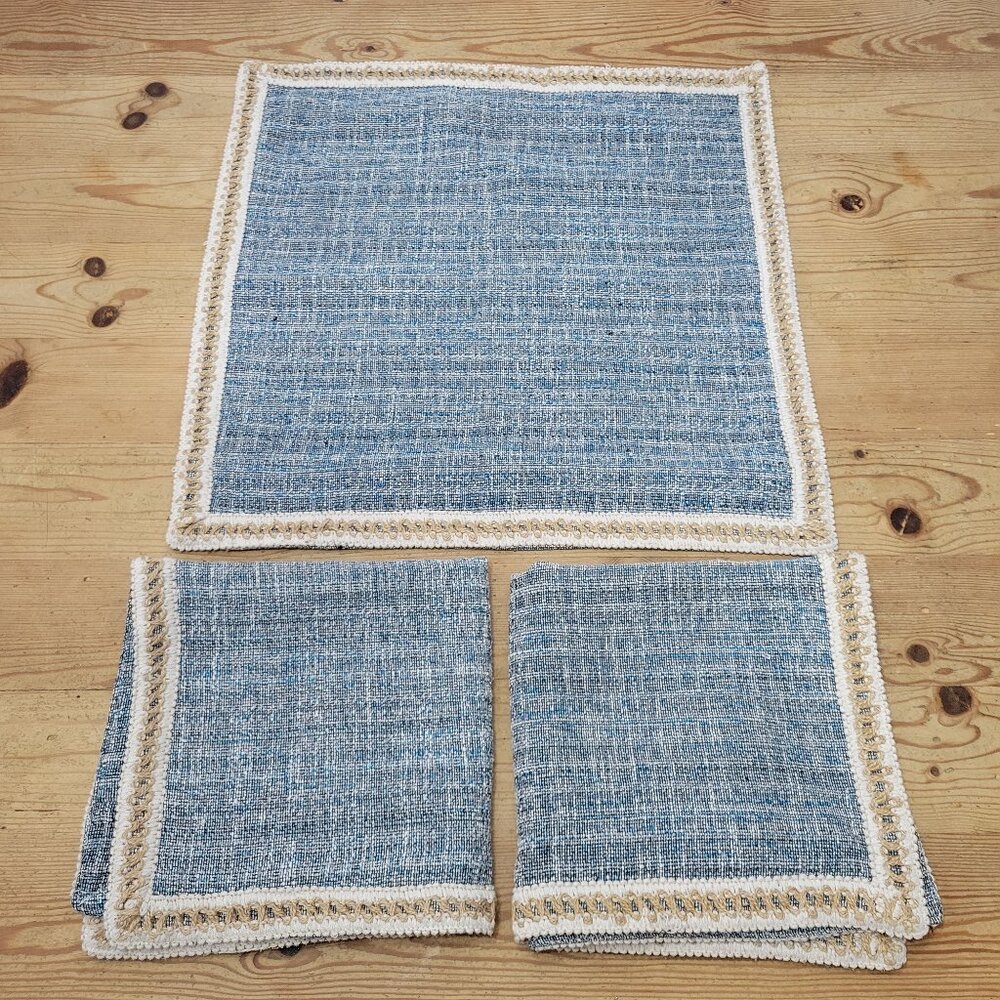 HIG Lot of 3 Square Pillow Covers Farmhouse Rustic Blue Burlap Trim Linen-Like